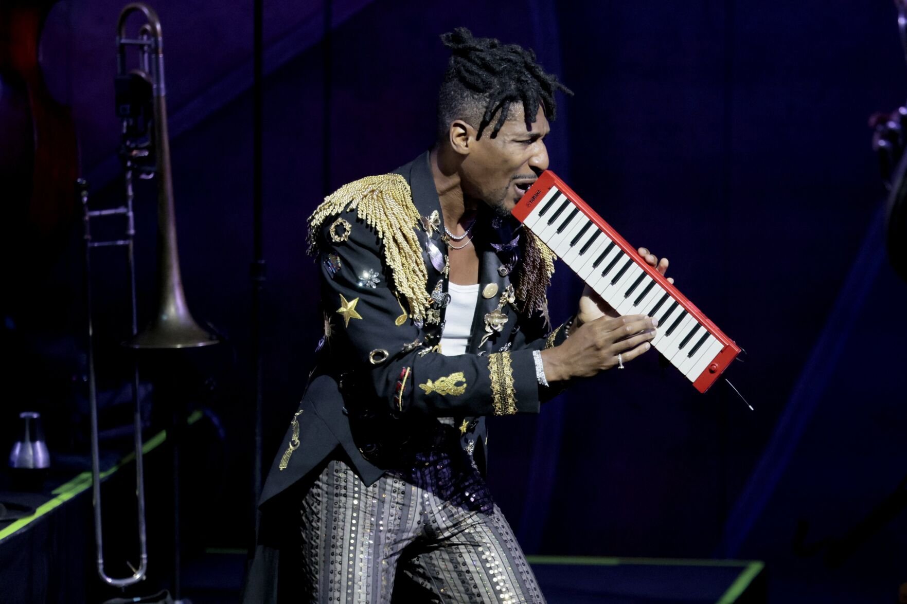 Jon Batiste performs at the Muny